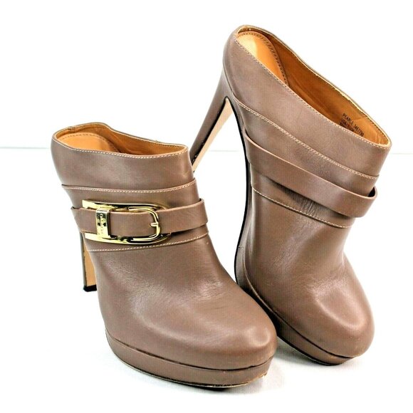 Calvin Klein Pearle Closed Toed Brown Platform High Heel Mules Gold Tone Buckle - Picture 2 of 6